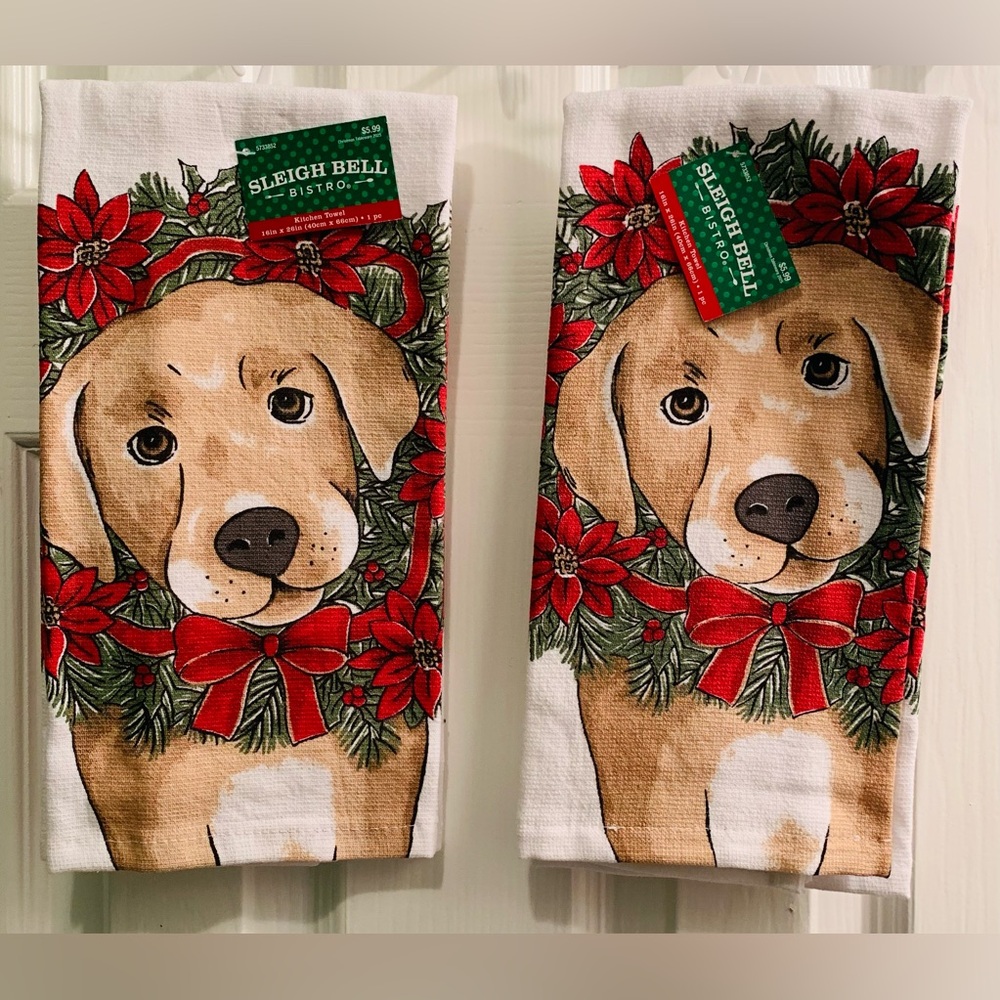 2 pc Dog & Christmas Wreath Kitchen Towel